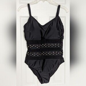 Simon Chang Women's (10) Black Swimsuit/Bathing Suit w/ Mesh & Gold Stud Accents